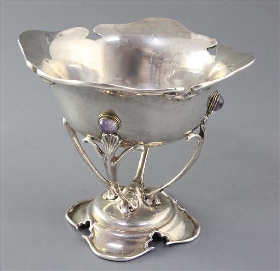 A George V Art Nouveau Scottish silver and amethyst cabochon set tazza, by Elkington & Co, gross 18 oz.